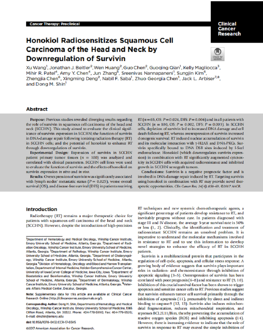 Honokiol Radiosensitizes Squamous Cell Carcinoma of the Head and Neck by Downregulation of Survivin